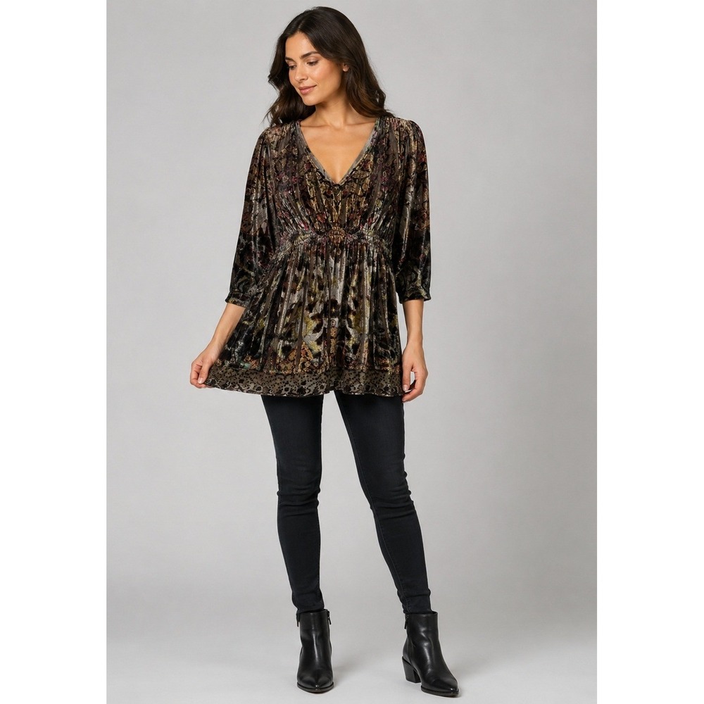 Y2K‎ One World Top Womens 1X Brown Velvet Burnout Butterfly Print Forest Fairy